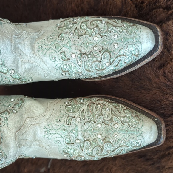 CORRAL A3321 pale green glitter inlay & crystals snip toe cowgirl boots sz 7 euc - Picture 9 of 16